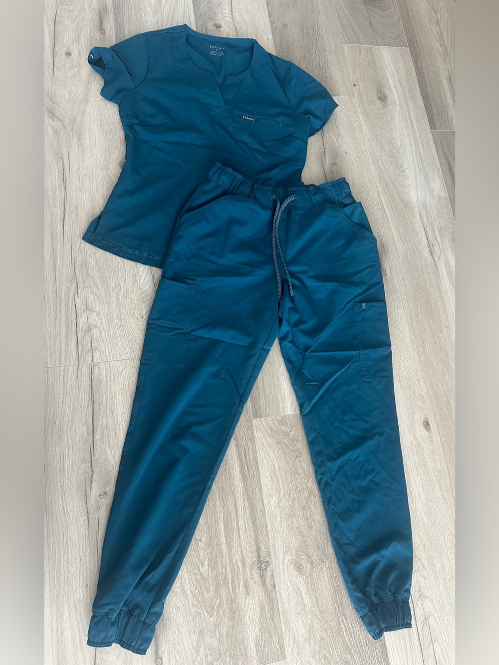 Jaanuu Teal Drawstring Cargo Jogger Scrub Pants
